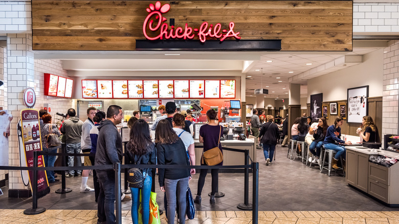 Line of people ordering at Chick-fil-A