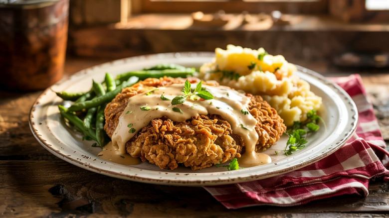 Plate of chicken fried steak with brownish-white gravy, mashed potatoes and green beans in a rustic setting