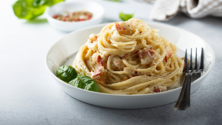 bowl of Carbonara with fork