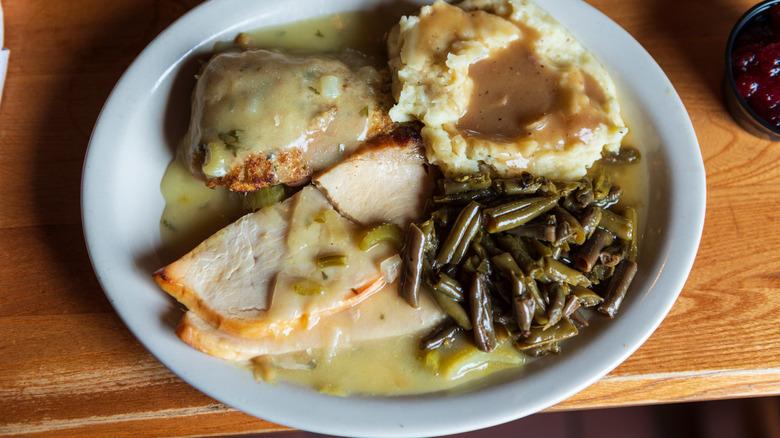 turkey dinner on white plate at Cracker Barrel