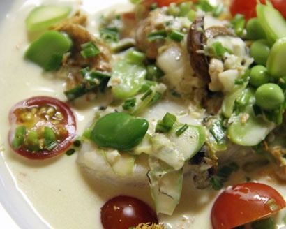 Cream-Poached Halibut Cheeks with Spring Vegetable Medley