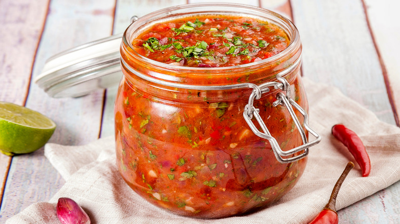 Jarred salsa on a table
