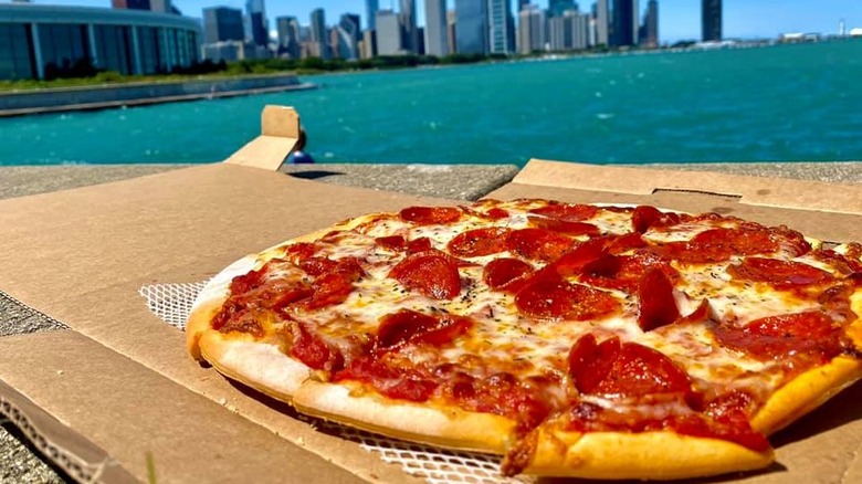 a thin crust pizza from Rosati's on a pathway next to Lake Michigan with Chicago's Alder Planetarium and skyline visible in the background