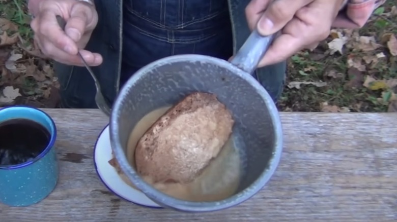 A pot of coffee soup being prepared