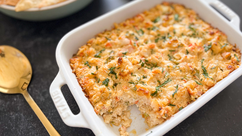 crab casserole in white dish 