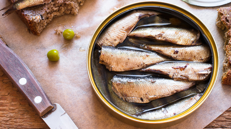 Partially opened can of sardines