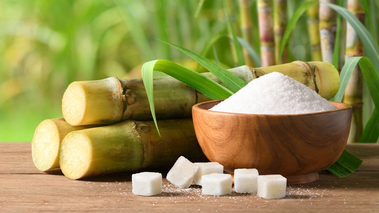 Sugarcane stalks and cane sugar