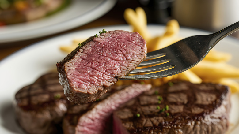 Piece of steak on a fork