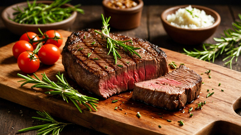 Grilled steak with tomatoes and fresh herbs