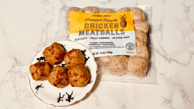 Trader Joe's pineapple teriyaki meatballs on plate with packaging