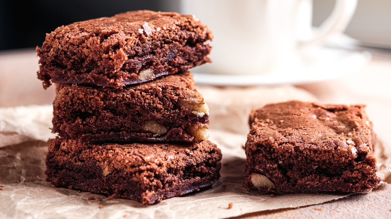 Pile of brownies on counter
