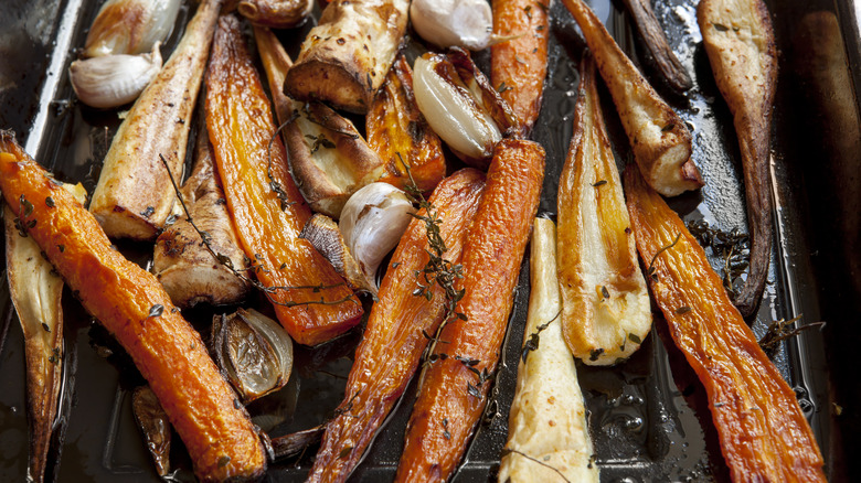 Oven roasted veggies on pan 