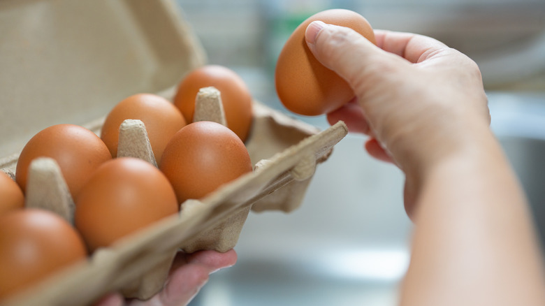 Person removing brown egg from carton