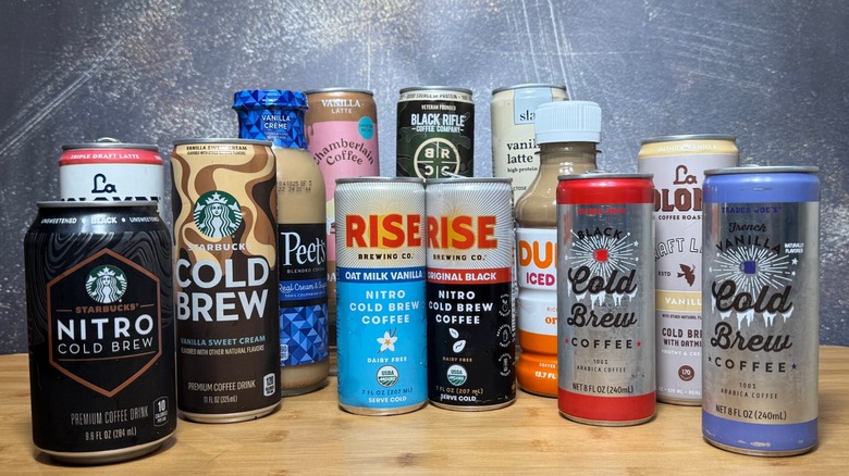 Cans of popular cold brew coffee on table