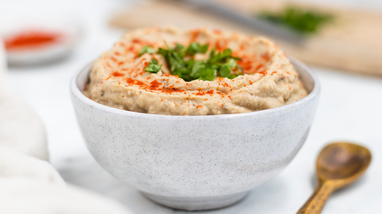 baba ganoush in white bowl