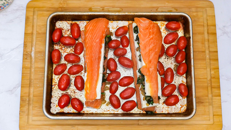 feta-stuffed salmon with cherry tomatoes