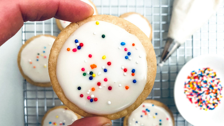 royal icing and sprinkles on cookie