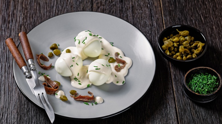 Oeuf mayonnaise with chives, anchovies, and capers