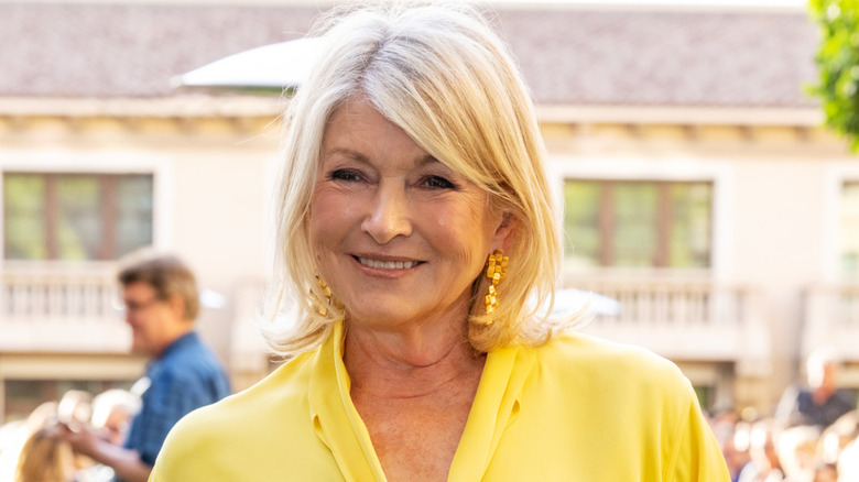 Martha Stewart dressed in yellow and smiling at outdoor event