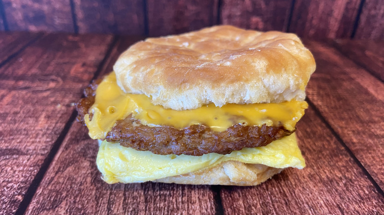 Sausage, egg, and cheese biscuit breakfast sandwich from Burger King