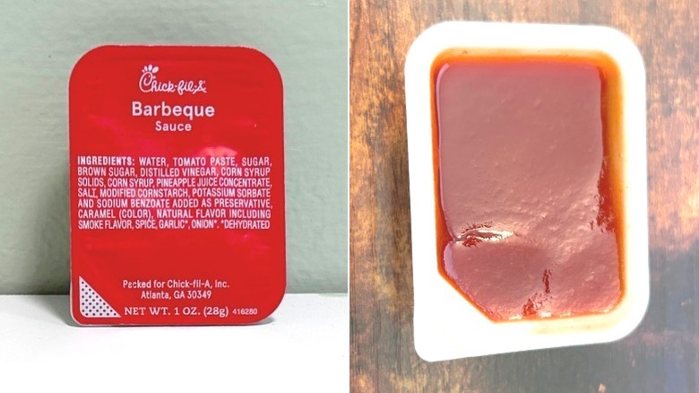 A packet of Chick-fil-A Barbeque Sauce is shown next to an up-close image of dark red, slightly grainy barbecue sauce