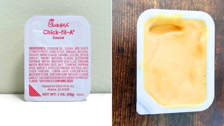 A packet of Chick-fil-A Sauce is shown next to an up-close image of the same sauce, smooth, creamy, and faintly ywllow-white in color