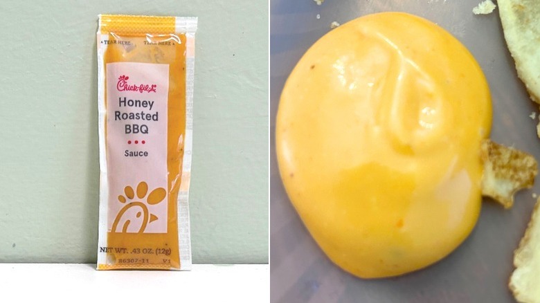 A packet of Chick-fil-A Honey Roasted BBQ Sauce is shown next to an up-close image of BBQ sauce, creamy and rich yellow