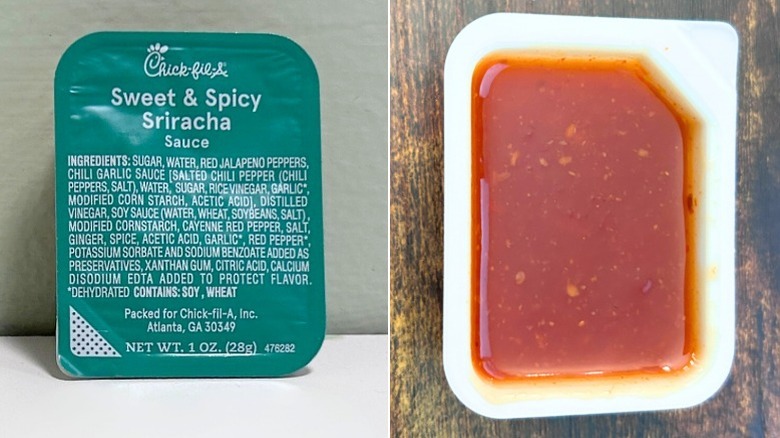A packet of Chick-fil-A Sweet and Spicy Sriracha is shown next to an up-close image of sriracha sauce, orange-red with flecks of crushed chili