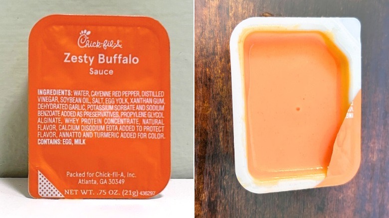 A packet of Chick-fil-A Zesty Buffalo Sauce is shown next to an up-close image of buffalo sauce, creamy and pale orange