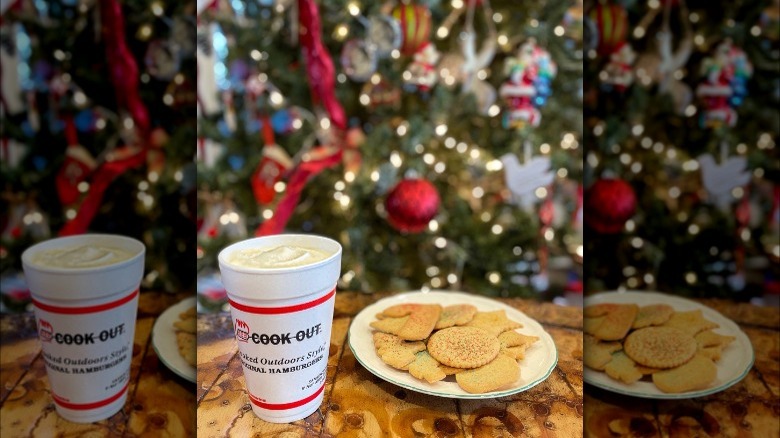 Milkshake with Christmas tree in background