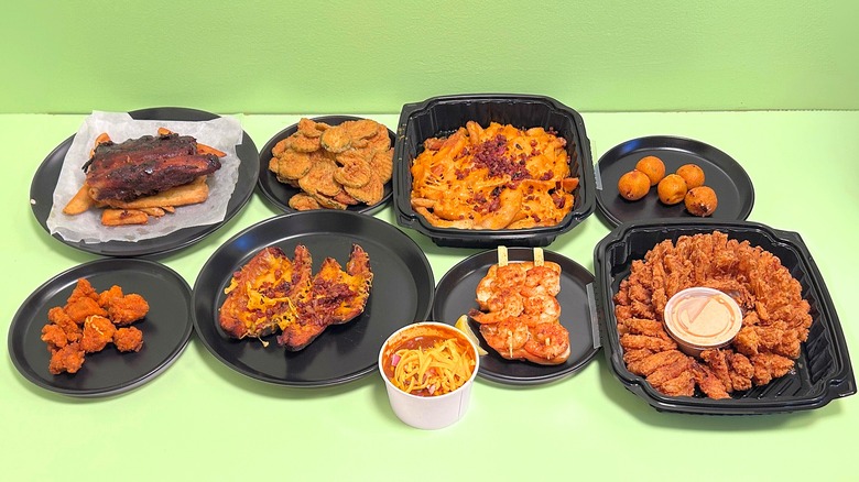Many Texas Roadhouse appetizers together on a marble countertop