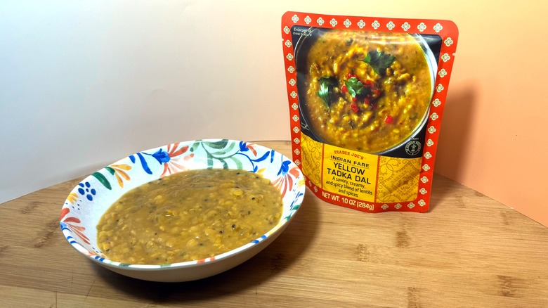 A bowl and bag of Trader Joe's yellow dal