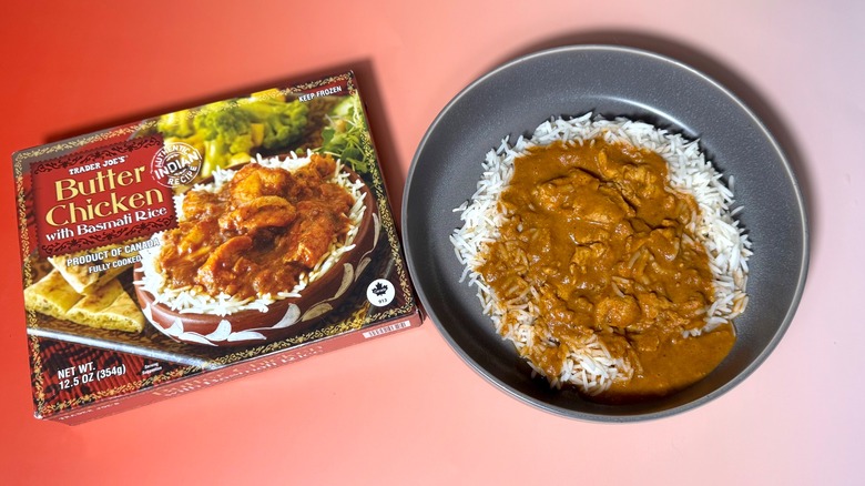 A box and bowl of Trader Joe's butter chicken