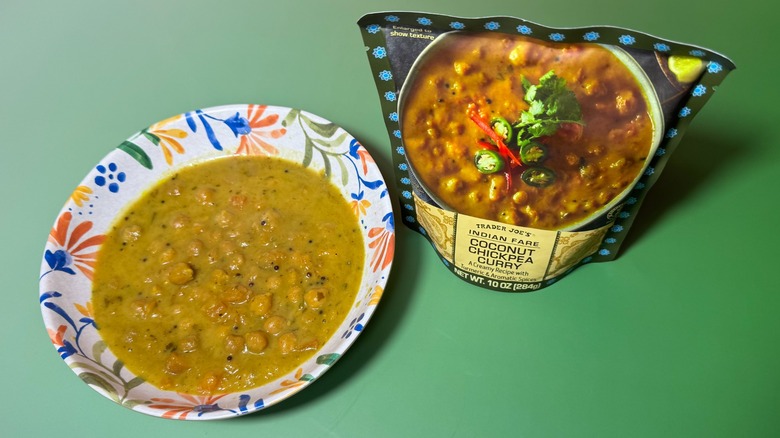 A bag and bowl of Trader Joe's coconut chickpea curry
