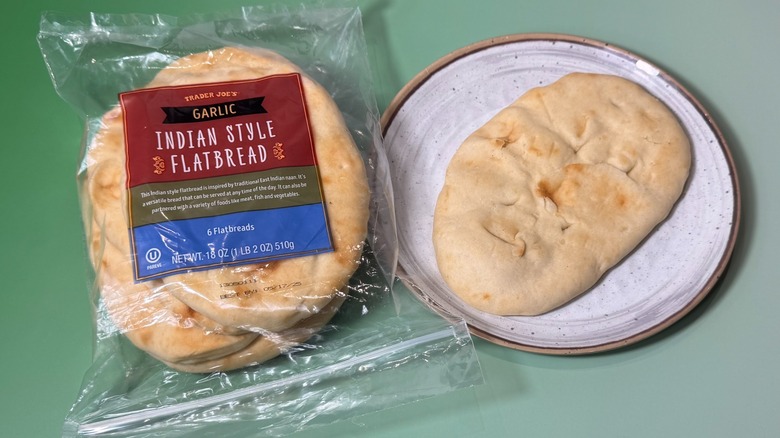 A bag and plate of Trader Joe's garlic Indian style flatbread