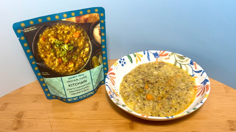 A bowl and bag of Trader Joe's Kitchari
