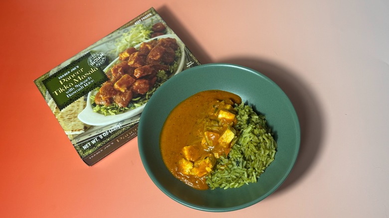 A box and bowl of Trader Joe's paneer tikka masala