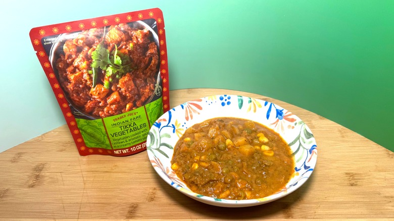 A bowl and bag of Trader Joe's tikka vegetables