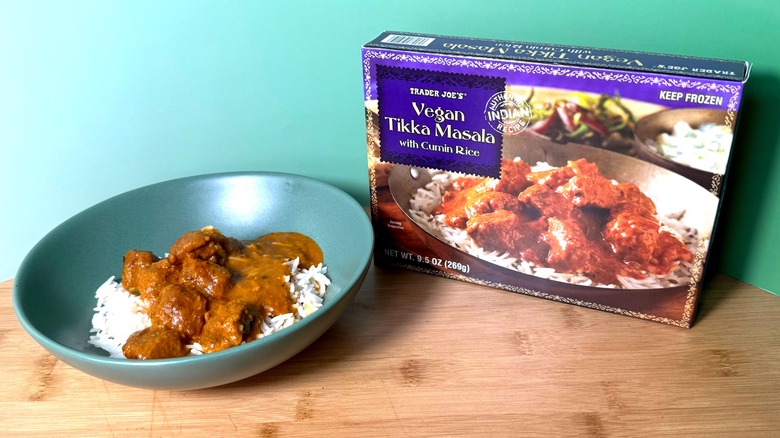 A box and bowl of Trader Joe's vegan tikka masala