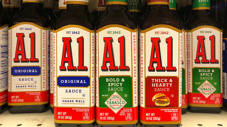 Different bottles of A1 Steak Sauce, including Original, Bold & Spicy, and Thick & Hearty