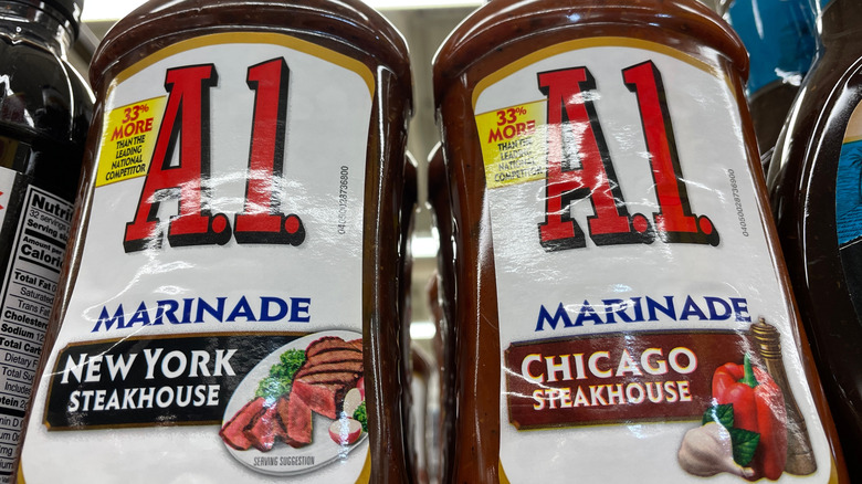 Bottles of A1 steak sauce marinade
