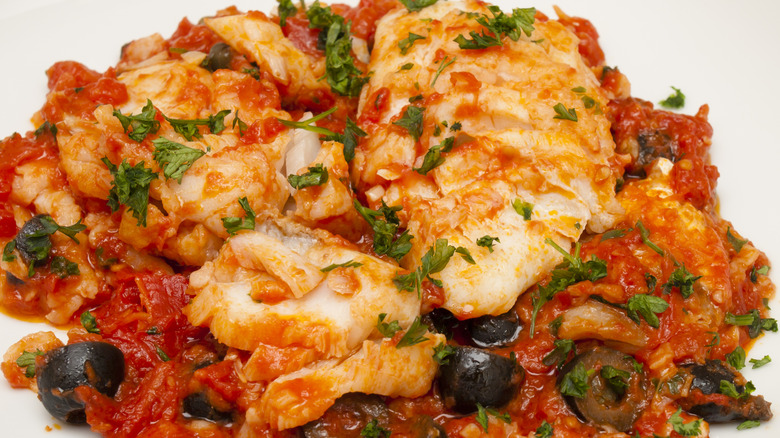 Close up of Baccalà Alla Napoletana on white plate