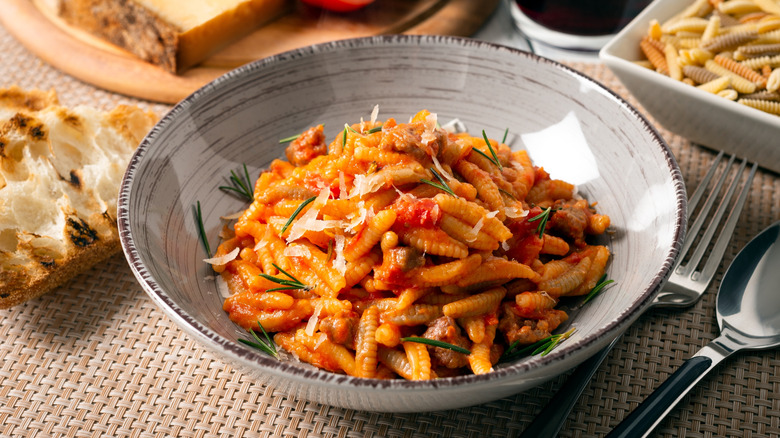 Malloreddus Alla Campidanese in a white bowl