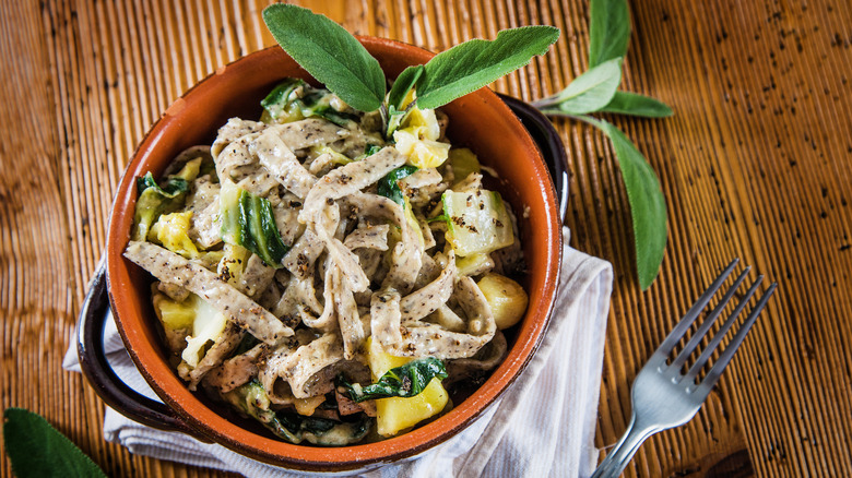 Pizzoccheri in an earthenware bowl