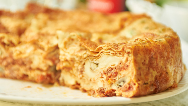 Close up of a timpano slice