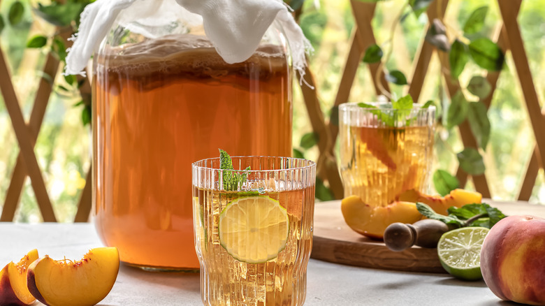 Kombucha in jar and glass