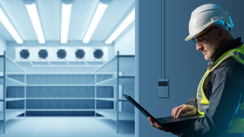 man inspecting industrial freezer