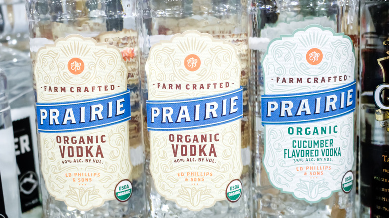 A closeup of Prairie Organic Vodka bottles