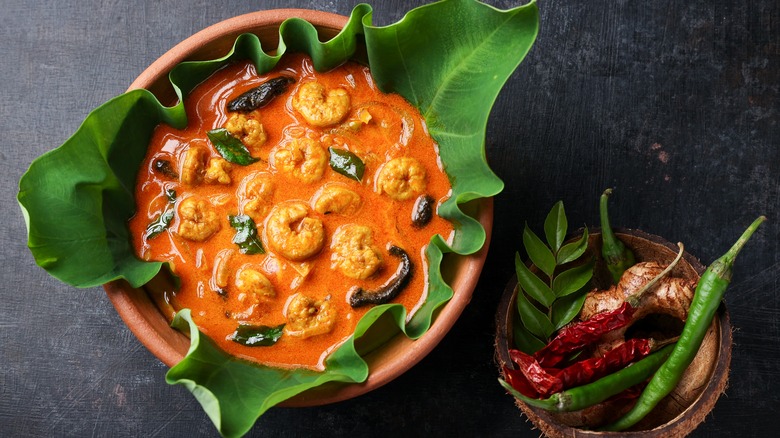 Prawn curry served on leaf
