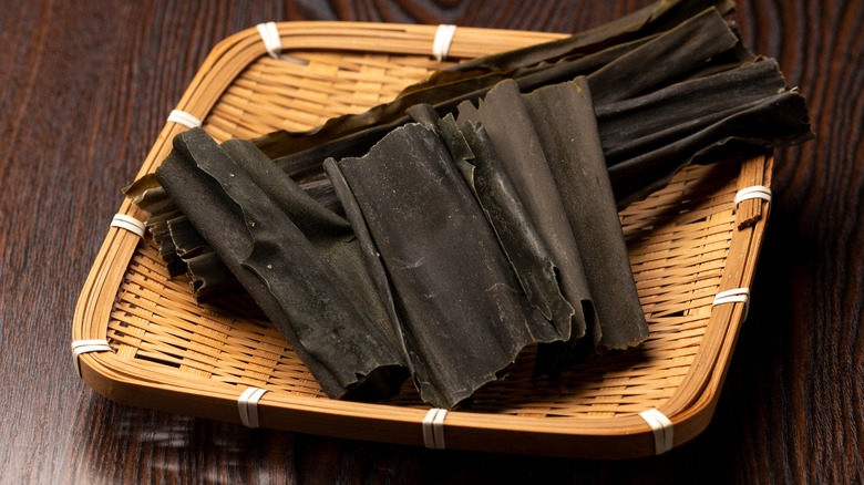 Dried kombu sheets in basket